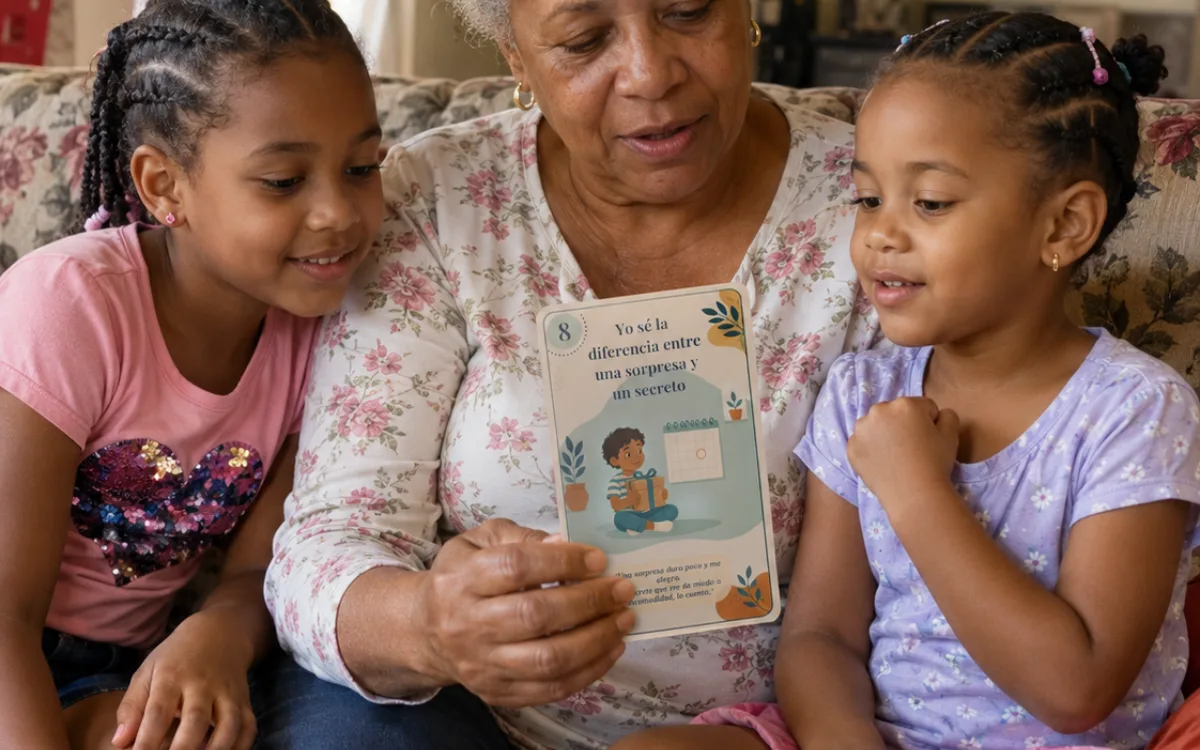 Una mamá y su hijo leyendo la tarjeta del secreto y la sorpresa