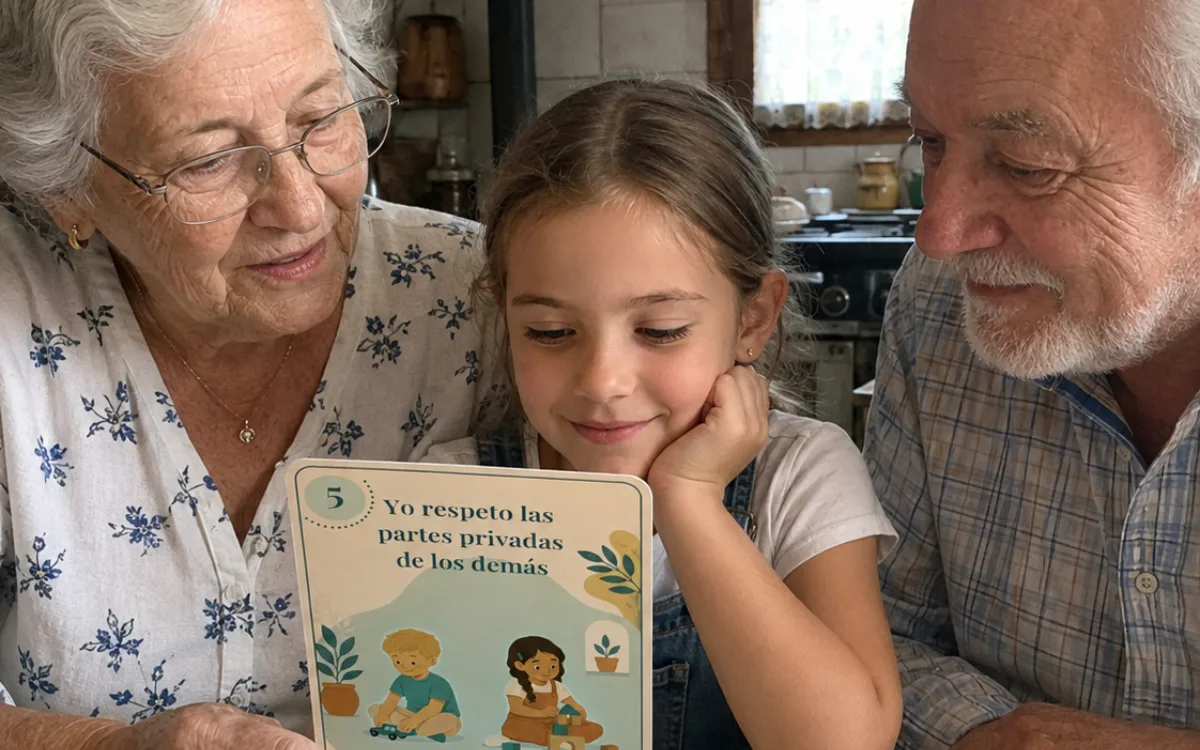 Dos abuelos y su nieta leyendo «Yo respeto las partes privadas de los demás»