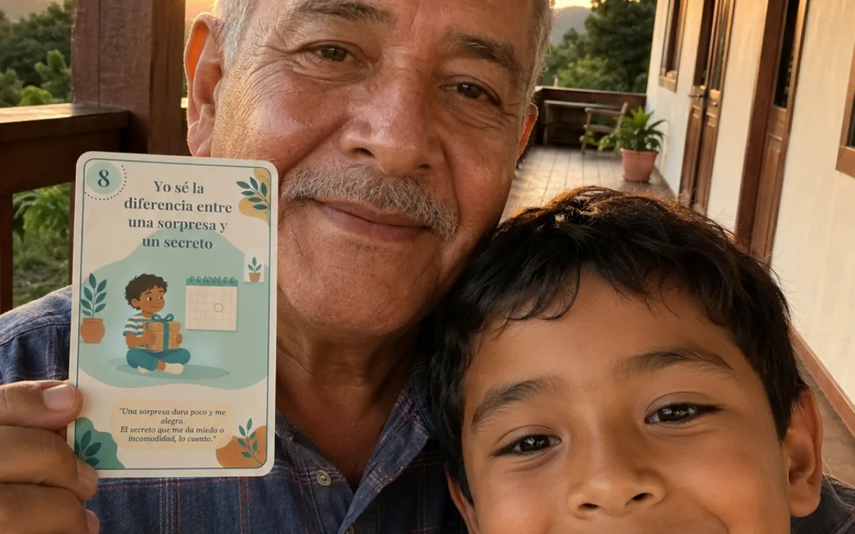 Un abuelo y su nieto leyendo la tarjeta del secreto y la sorpresa