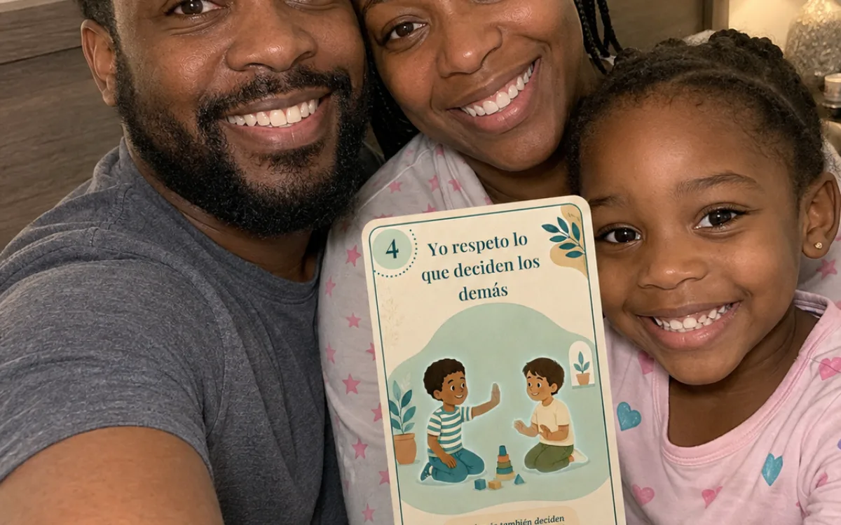 Un papá y su hija con la tarjeta «Yo respeto lo que deciden los demás»