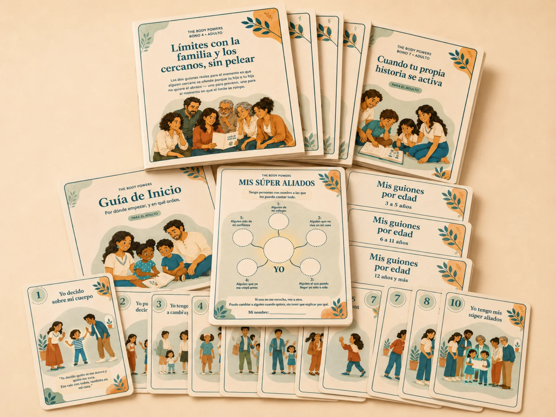 Todas las piezas de THE BODY POWERS: las 10 tarjetas de poder, la hoja Mis súper aliados, la Guía de Inicio, los guiones por edad y los bonos para el adulto